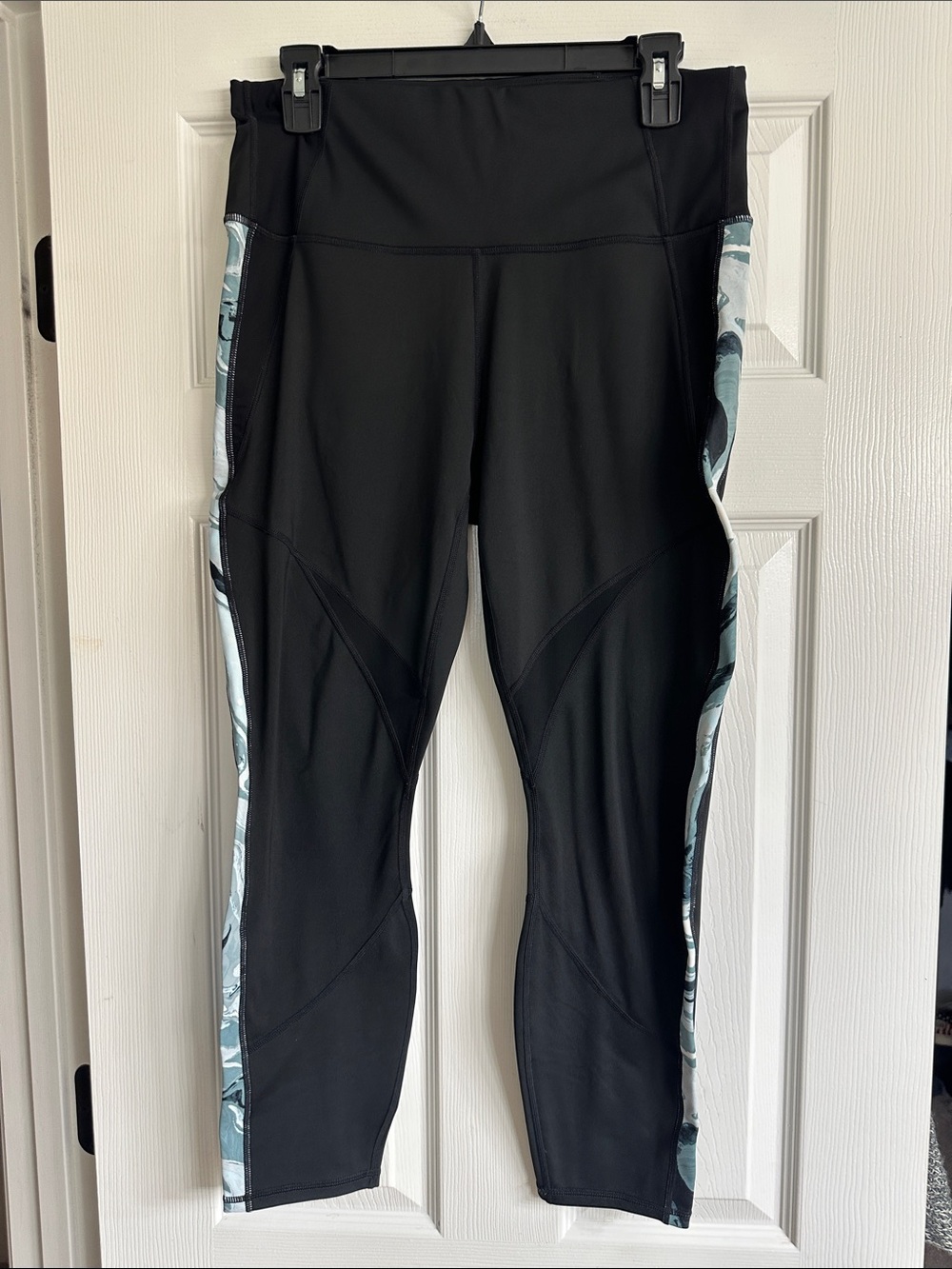 Athleta Black Active Leggings with Blue Camouflage Side Panels